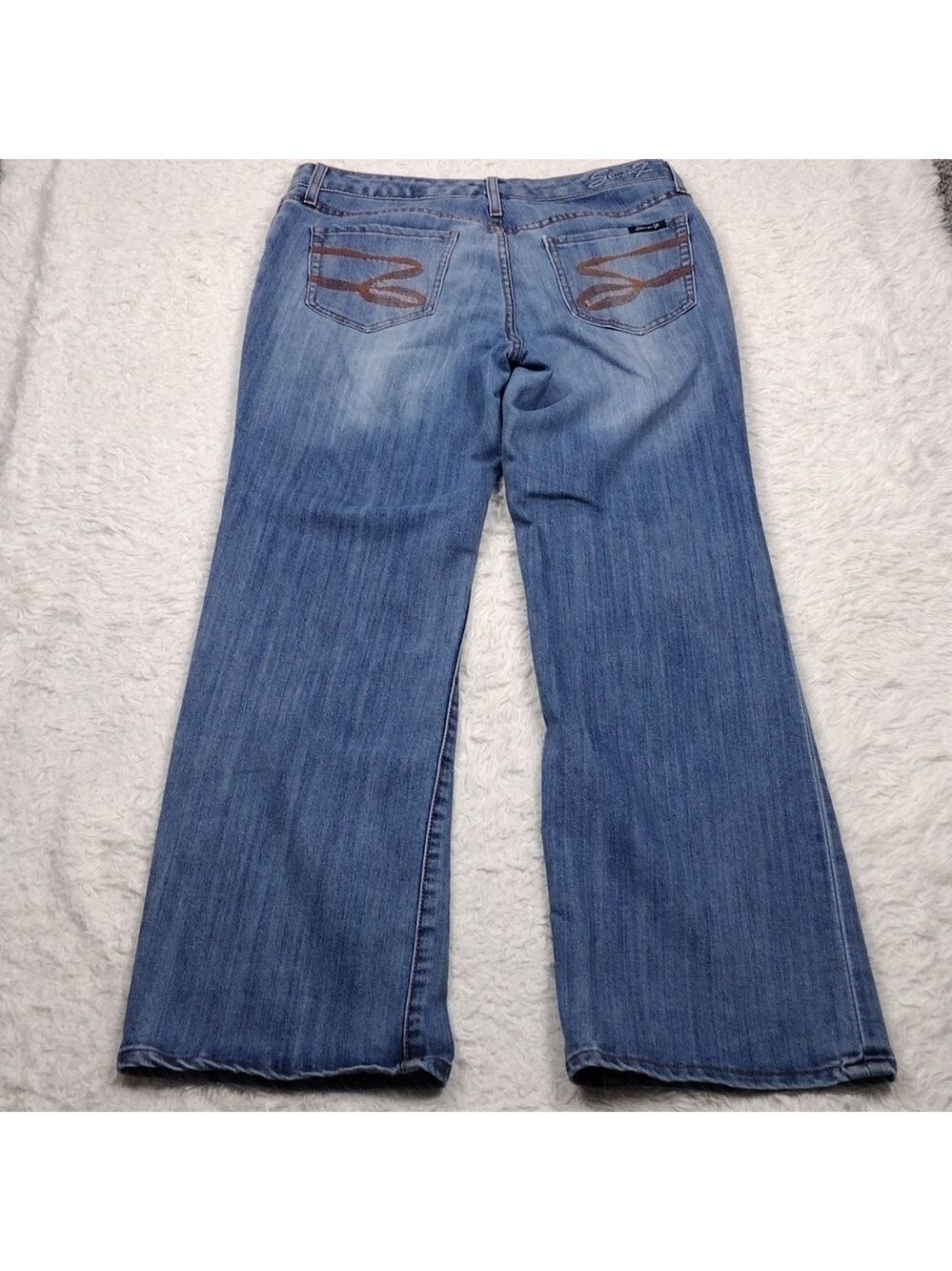 Seven7 Studio Blue Medium Wash Embroidered Five Pocket High Rise Flare Leg Jean - Picture 12 of 16